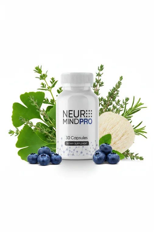 The NeuroMind Pro bottle standing in front of a ginkgo leaf, a lion's mane mushroom, blueberries and sprigs of rosemary and thyme