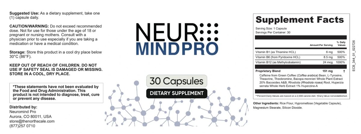 The NeuroMind Pro wrap label: suggested use, caution panel, storage and distributor details on the left, the front panel in the centre, and a Supplement Facts panel on the right listing vitamin B1 6 mg, vitamin B6 8.5 mg, vitamin B12 24 mcg and a 151 mg proprietary blend of caffeine from green coffee, L-tyrosine, theacrine, theobromine, bacopa monnieri, rhodiola and huperzia serrata